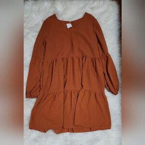 Casual Orange Dress With Lantern Sleeve Shift Dresses V Neck - Small